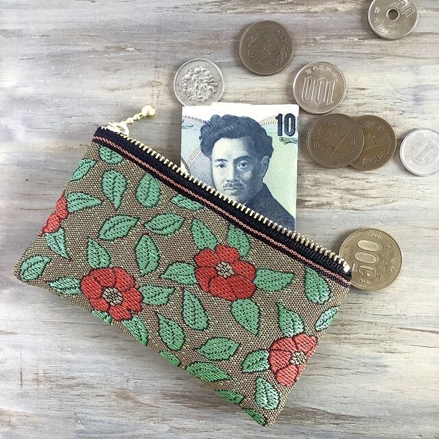 【椿】畳縁 ぺたんこ ミニポーチ カードケース 小銭入れ 和風 春 つばき カメリア