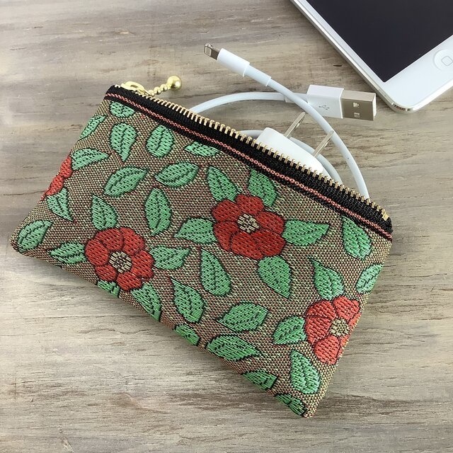 【椿】畳縁 ぺたんこ ミニポーチ カードケース 小銭入れ 和風 春 つばき カメリア