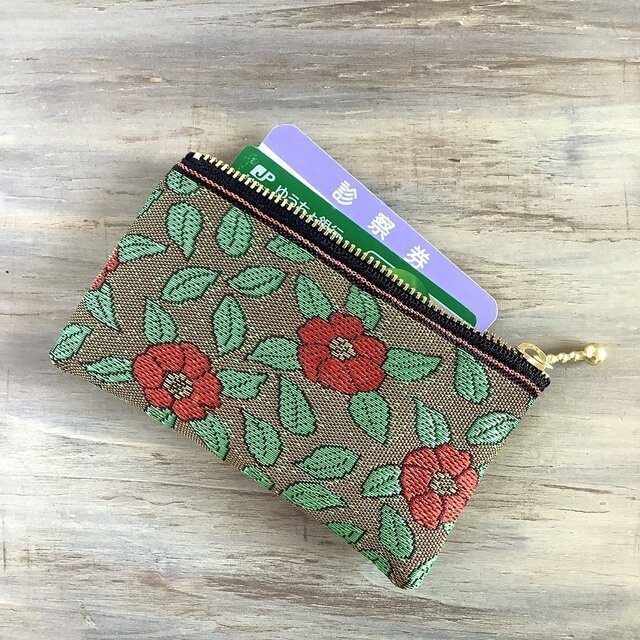 【椿】畳縁 ぺたんこ ミニポーチ カードケース 小銭入れ 和風 春 つばき カメリア