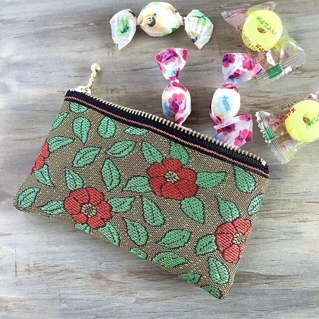 【椿】畳縁 ぺたんこ ミニポーチ カードケース 小銭入れ 和風 春 つばき カメリア