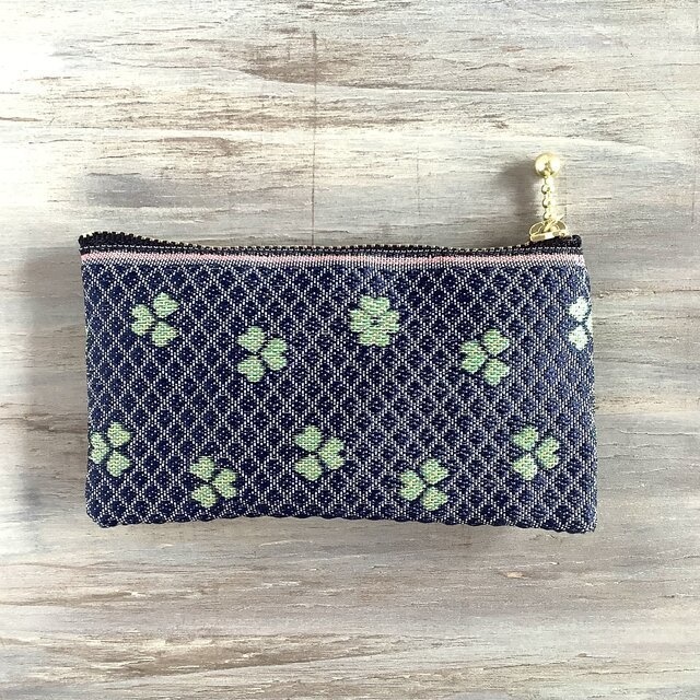 【クローバー】畳縁 ぺたんこ ミニポーチ カードケース 小銭入れ 紺 和風 四葉