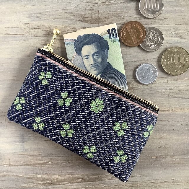 【クローバー】畳縁 ぺたんこ ミニポーチ カードケース 小銭入れ 紺 和風 四葉