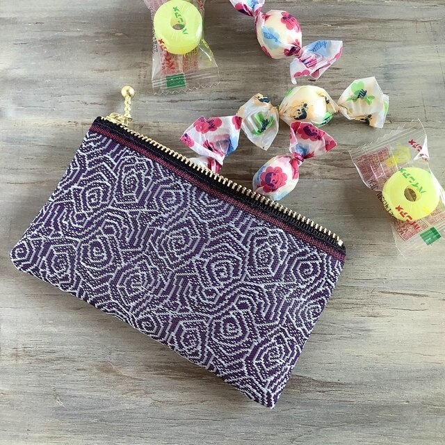 【渦巻薔薇】畳縁 ぺたんこ ミニポーチ カードケース 小銭入れ 紫 バラ 和風 アールデコ