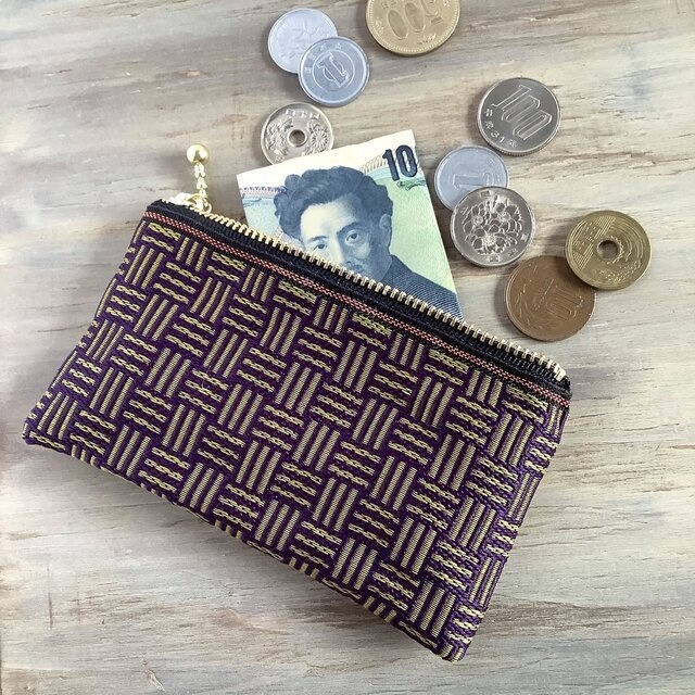 【三崩し】畳縁 ぺたんこ ミニポーチ カードケース 小銭入れ 紫 抹茶あずき 網代 桧垣