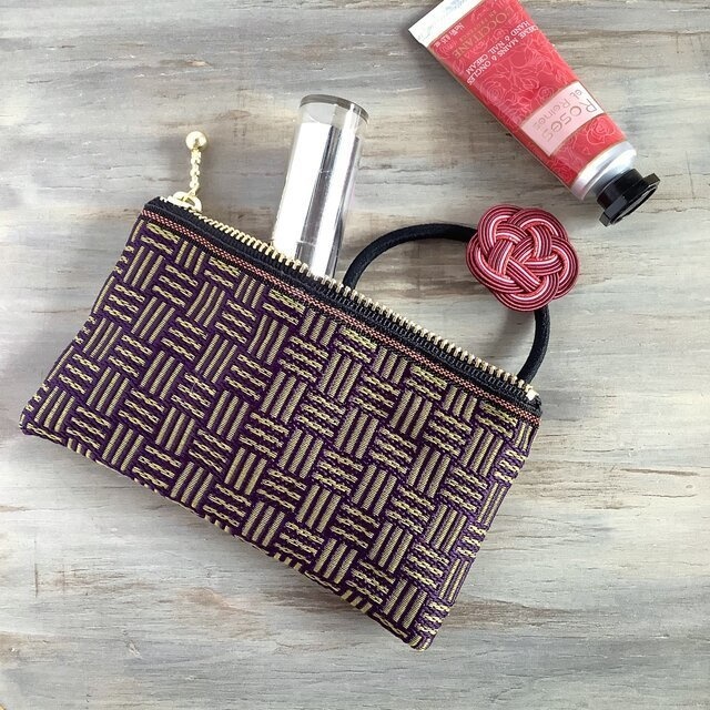 【三崩し】畳縁 ぺたんこ ミニポーチ カードケース 小銭入れ 紫 抹茶あずき 網代 桧垣