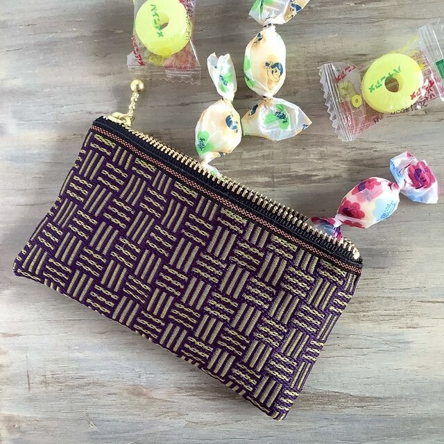 【三崩し】畳縁 ぺたんこ ミニポーチ カードケース 小銭入れ 紫 抹茶あずき 網代 桧垣