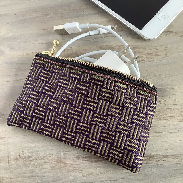 【三崩し】畳縁 ぺたんこ ミニポーチ カードケース 小銭入れ 紫 抹茶あずき 網代 桧垣