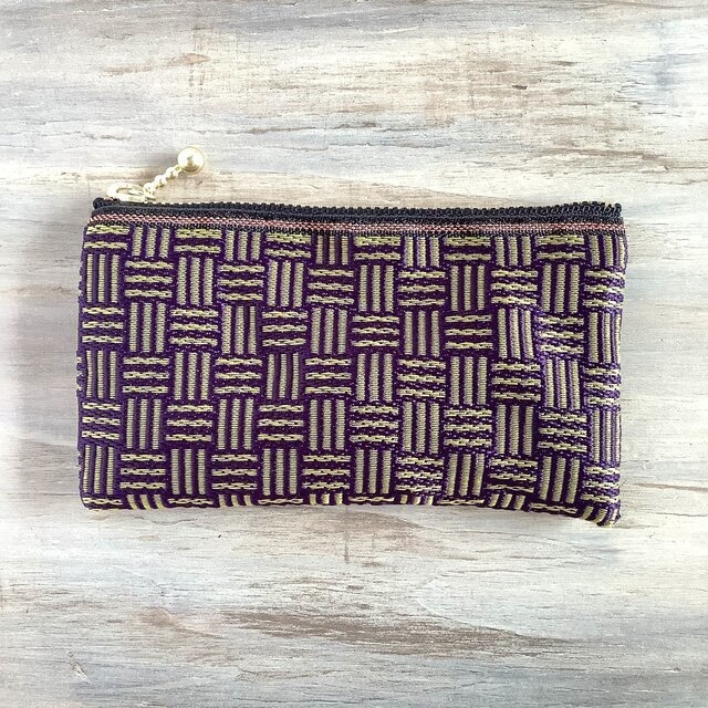 【三崩し】畳縁 ぺたんこ ミニポーチ カードケース 小銭入れ 紫 抹茶あずき 網代 桧垣