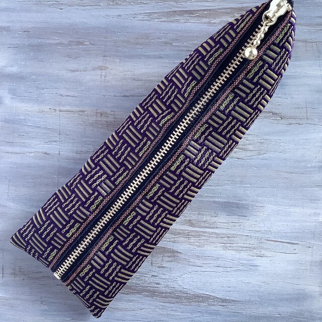 【三崩し】畳縁 テトラ型 ペンケース 紫 抹茶あずき 網代 桧垣