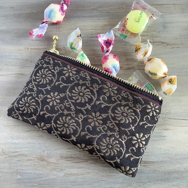 【花唐草】畳縁 ぺたんこ ミニポーチ カードケース 小銭入れ 和風 レトロ 更紗 こげ茶