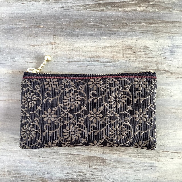 【花唐草】畳縁 ぺたんこ ミニポーチ カードケース 小銭入れ 和風 レトロ 更紗 こげ茶