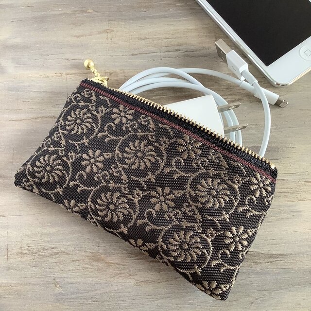 【花唐草】畳縁 ぺたんこ ミニポーチ カードケース 小銭入れ 和風 レトロ 更紗 こげ茶