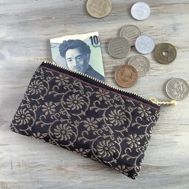 【花唐草】畳縁 ぺたんこ ミニポーチ カードケース 小銭入れ 和風 レトロ 更紗 こげ茶