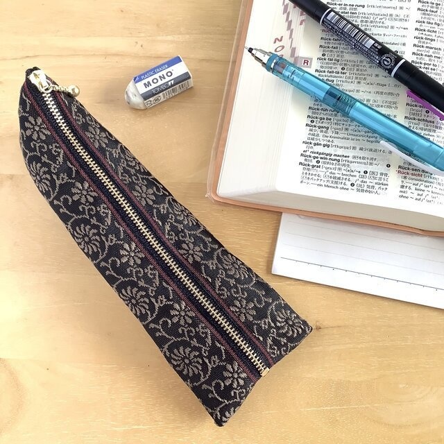 【花唐草】畳縁 ぺたんこ ミニポーチ カードケース 小銭入れ 和風 レトロ 更紗 こげ茶