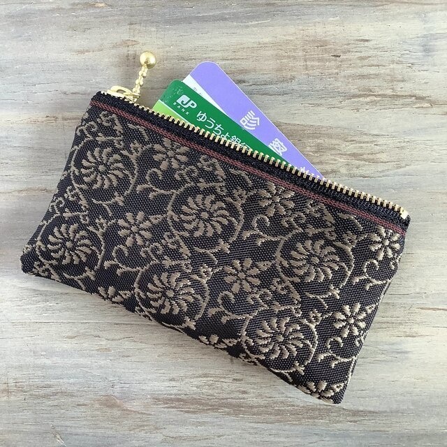 【花唐草】畳縁 ぺたんこ ミニポーチ カードケース 小銭入れ 和風 レトロ 更紗 こげ茶