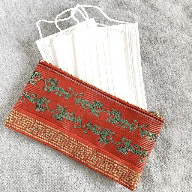 【ドラゴン】畳縁 幅広 ペンケース マスクケース ポーチ チャイナ 雷模様 シノワズリ