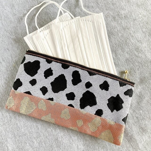 【白黒桃牛】畳縁 幅広 ペンケース マスクケース ポーチ モノトーン ピンク ホルスタイン