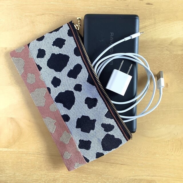 【白黒桃牛】畳縁 幅広 ペンケース マスクケース ポーチ モノトーン ピンク ホルスタイン