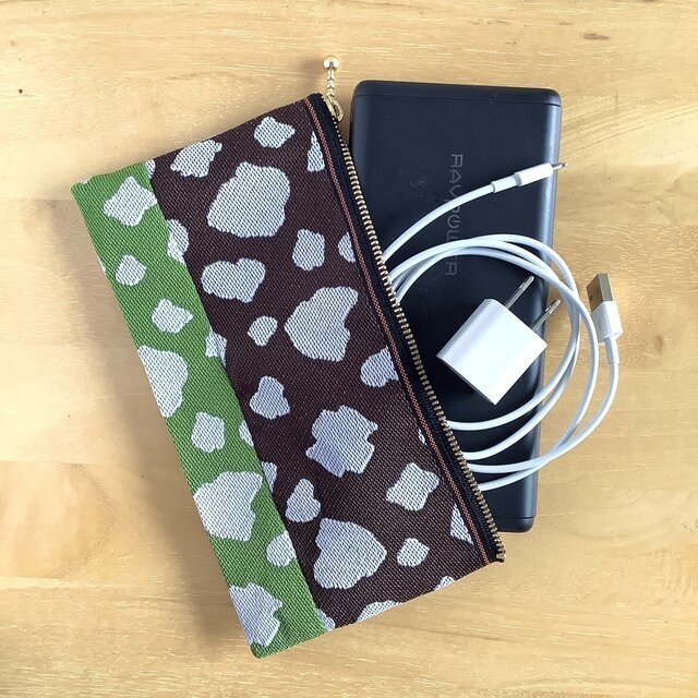 【珈琲抹茶牛】畳縁 幅広 ペンケース マスクケース ポーチ こげ茶 抹茶色 ホルスタイン