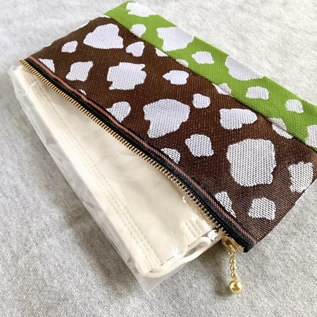 【珈琲抹茶牛】畳縁 幅広 ペンケース マスクケース ポーチ こげ茶 抹茶色 ホルスタイン