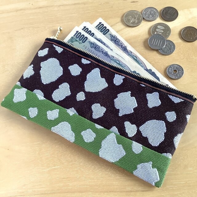 【珈琲抹茶牛】畳縁 幅広 ペンケース マスクケース ポーチ こげ茶 抹茶色 ホルスタイン