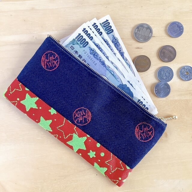 【元気玉】畳縁 幅広 ペンケース マスクケース ポーチ デニム 赤 星 紺