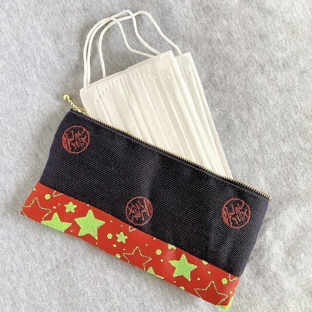 【元気玉】畳縁 幅広 ペンケース マスクケース ポーチ デニム 赤 星 紺