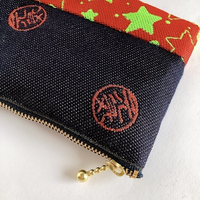 【元気玉】畳縁 幅広 ペンケース マスクケース ポーチ デニム 赤 星 紺