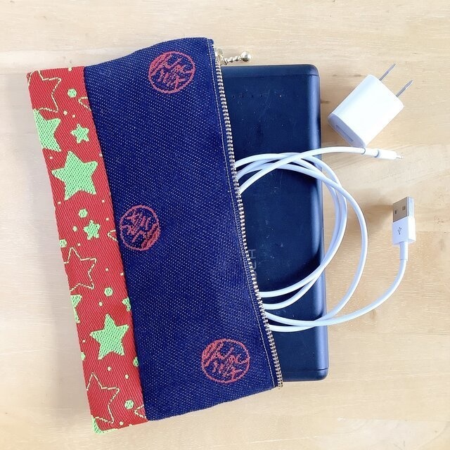 【元気玉】畳縁 幅広 ペンケース マスクケース ポーチ デニム 赤 星 紺