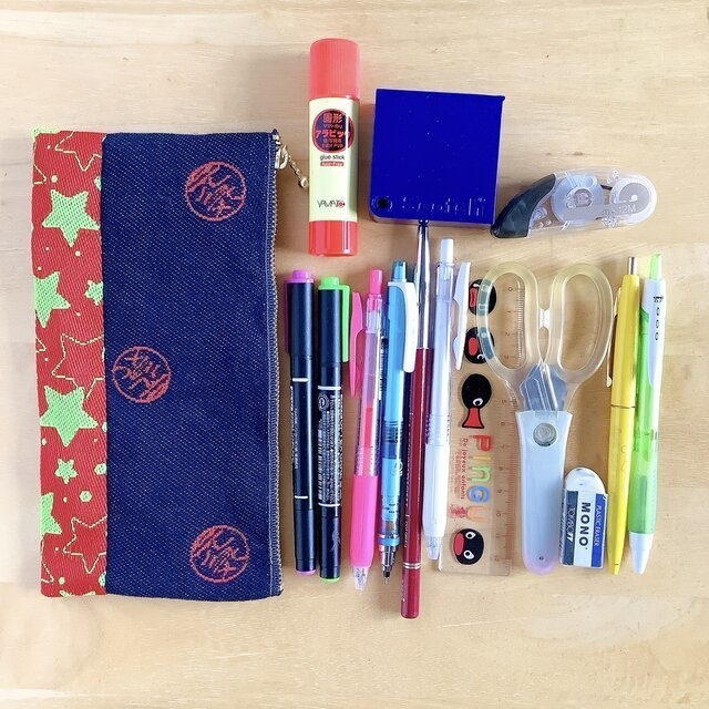 【元気玉】畳縁 幅広 ペンケース マスクケース ポーチ デニム 赤 星 紺