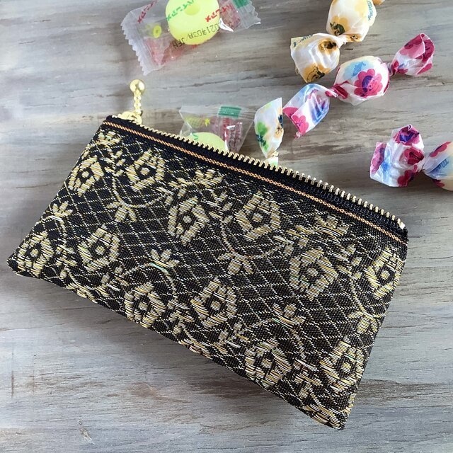 【レトロな薔薇】畳縁 ぺたんこ ミニポーチ カードケース 和風 レトロ シック 黒 金 アンティーク