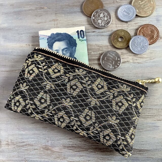 【レトロな薔薇】畳縁 ぺたんこ ミニポーチ カードケース 和風 レトロ シック 黒 金 アンティーク