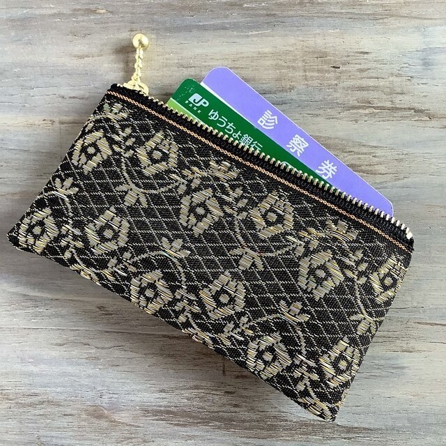 【レトロな薔薇】畳縁 ぺたんこ ミニポーチ カードケース 和風 レトロ シック 黒 金 アンティーク