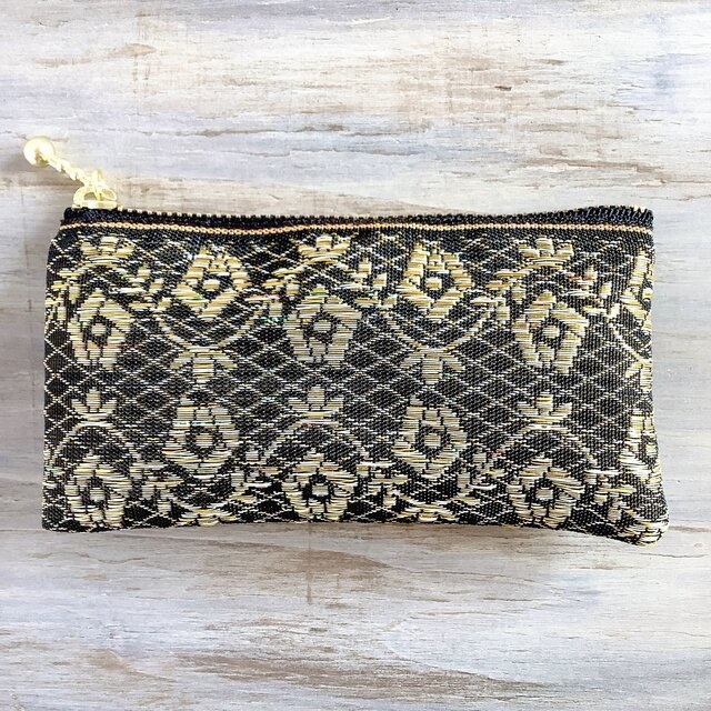 【レトロな薔薇】畳縁 ぺたんこ ミニポーチ カードケース 和風 レトロ シック 黒 金 アンティーク