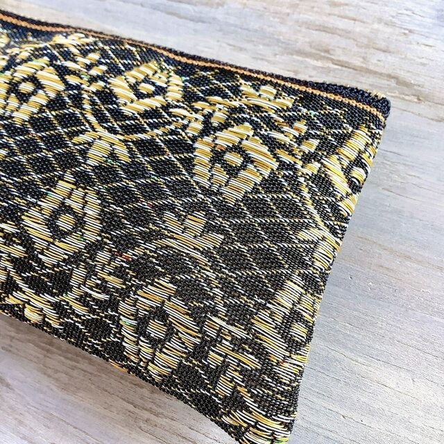 【レトロな薔薇】畳縁 ぺたんこ ミニポーチ カードケース 和風 レトロ シック 黒 金 アンティーク