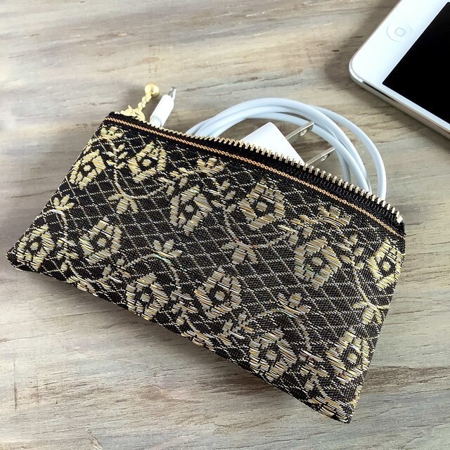 【レトロな薔薇】畳縁 ぺたんこ ミニポーチ カードケース 和風 レトロ シック 黒 金 アンティーク