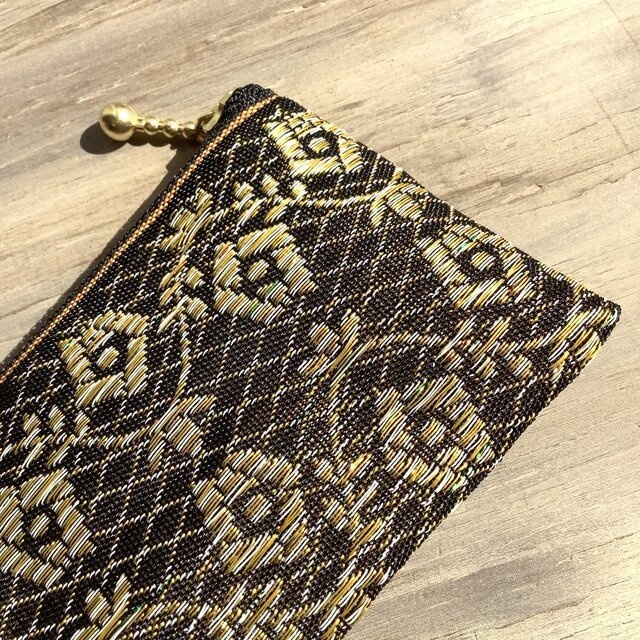 【レトロな薔薇】畳縁 ぺたんこ ミニポーチ カードケース 和風 レトロ シック 黒 金 アンティーク