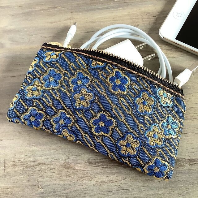 【ワスレナグサ】畳縁 ぺたんこ ミニポーチ カードケース 小銭入れ 和風 ブルー 花 金