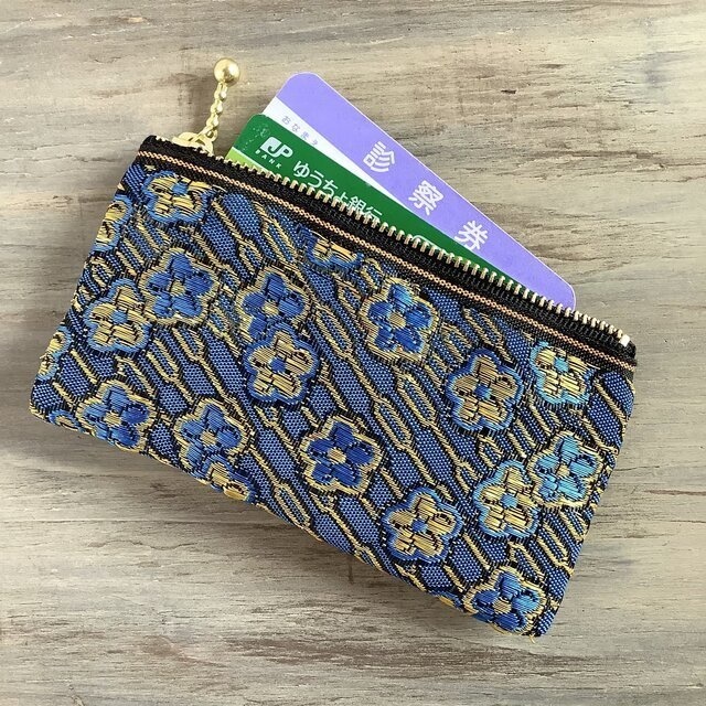 【ワスレナグサ】畳縁 ぺたんこ ミニポーチ カードケース 小銭入れ 和風 ブルー 花 金