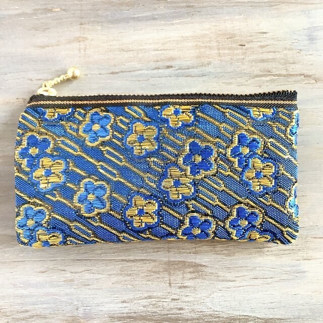 【ワスレナグサ】畳縁 ぺたんこ ミニポーチ カードケース 小銭入れ 和風 ブルー 花 金