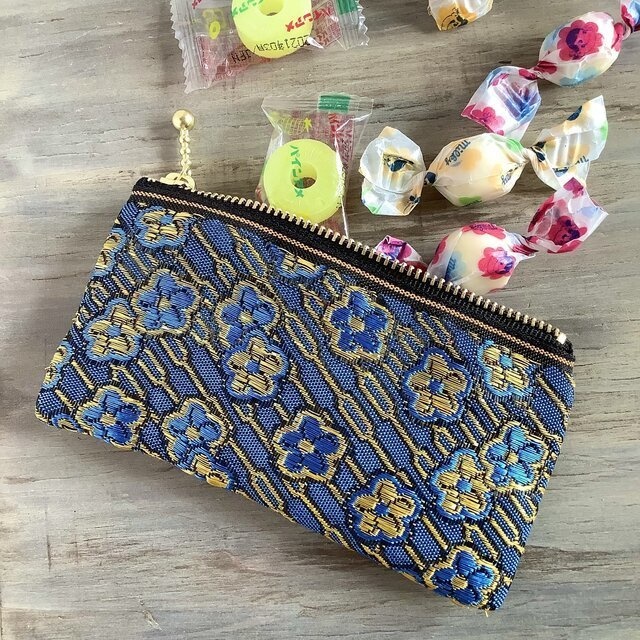 【ワスレナグサ】畳縁 ぺたんこ ミニポーチ カードケース 小銭入れ 和風 ブルー 花 金