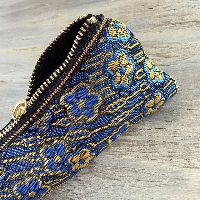 【ワスレナグサ】畳縁 テトラ型 ペンケース 和風 レトロ ブルー 花 金