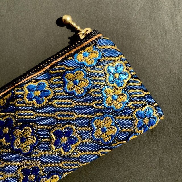 【ワスレナグサ】畳縁 テトラ型 ペンケース 和風 レトロ ブルー 花 金