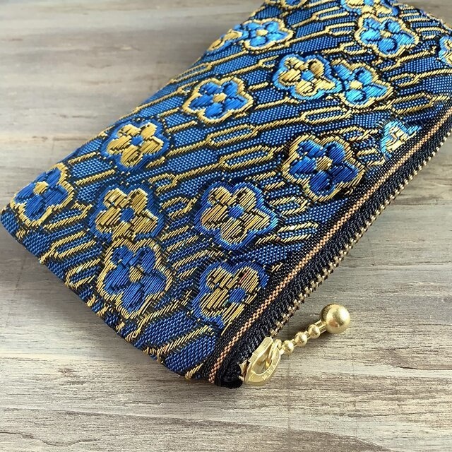 【ワスレナグサ】畳縁 テトラ型 ペンケース 和風 レトロ ブルー 花 金