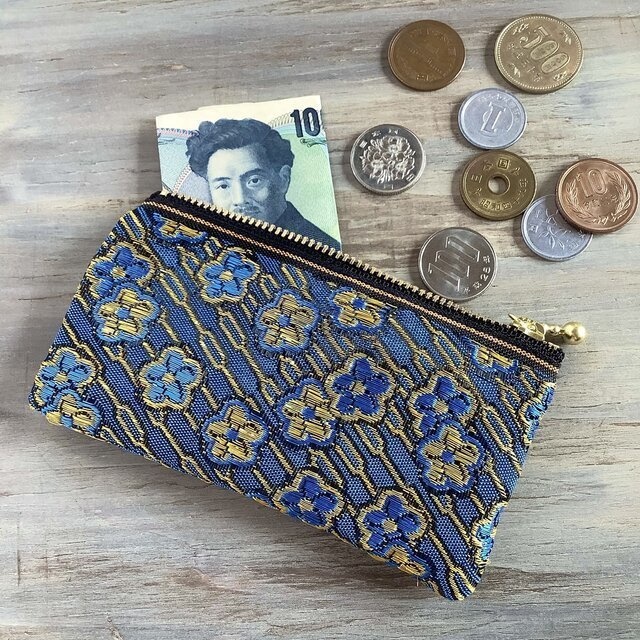 【ワスレナグサ】畳縁 テトラ型 ペンケース 和風 レトロ ブルー 花 金