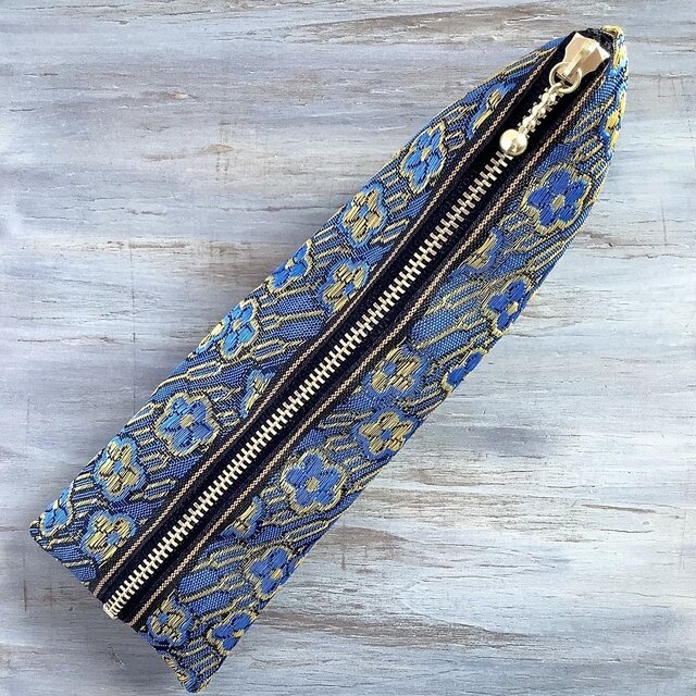 【ワスレナグサ】畳縁 テトラ型 ペンケース 和風 レトロ ブルー 花 金