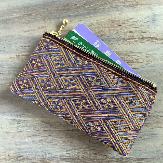 【夕凪】畳縁 ぺたんこ ミニポーチ カードケース 小銭入れ 花菱 キラキラ オレンジ ブルー 金