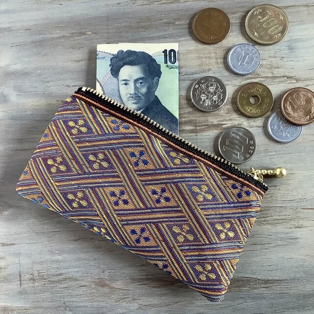 【夕凪】畳縁 ぺたんこ ミニポーチ カードケース 小銭入れ 花菱 キラキラ オレンジ ブルー 金