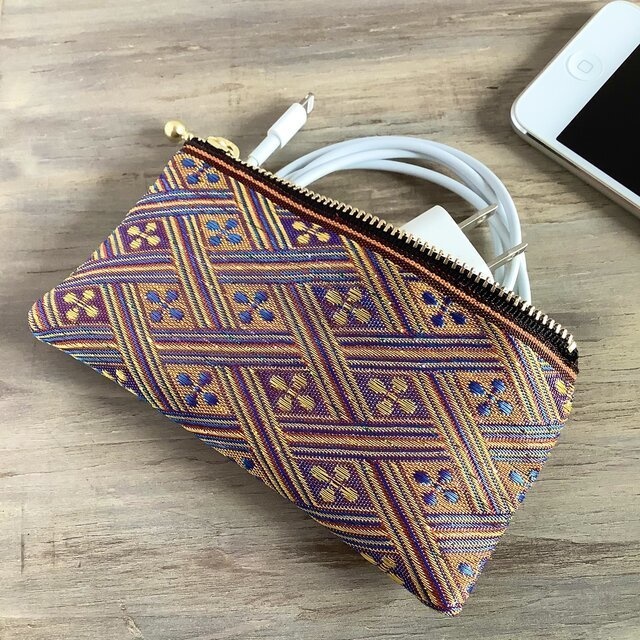 【夕凪】畳縁 ぺたんこ ミニポーチ カードケース 小銭入れ 花菱 キラキラ オレンジ ブルー 金