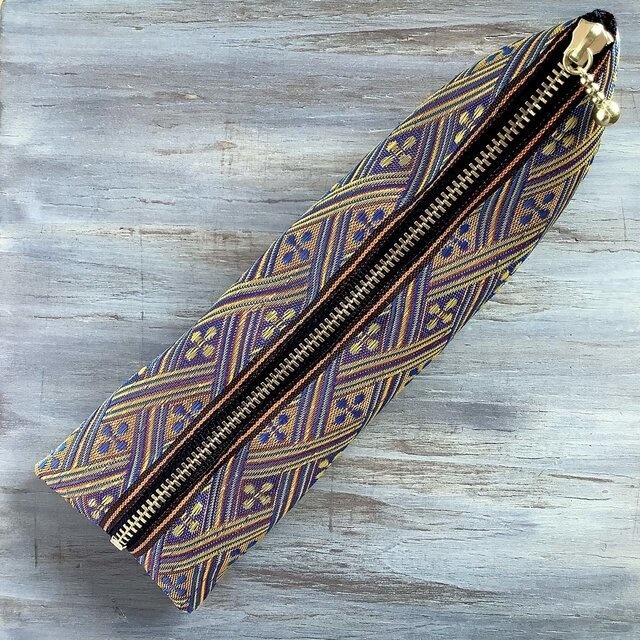 【夕凪】畳縁 テトラ型 ペンケース 花菱 和風 キラキラ 金 オレンジ ブルー